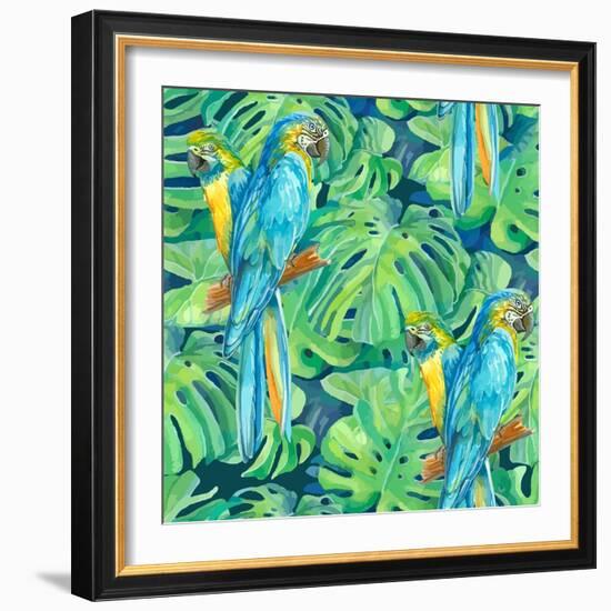 Seamless Pattern Element of Two Ara Parrots and Leaves of Monstera-NadiiaZ-Framed Premium Giclee Print