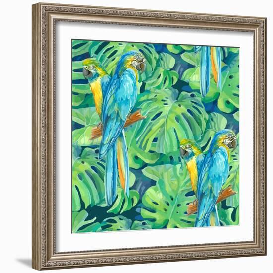 Seamless Pattern Element of Two Ara Parrots and Leaves of Monstera-NadiiaZ-Framed Art Print