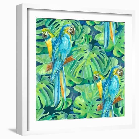 Seamless Pattern Element of Two Ara Parrots and Leaves of Monstera-NadiiaZ-Framed Art Print