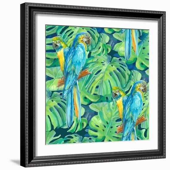 Seamless Pattern Element of Two Ara Parrots and Leaves of Monstera-NadiiaZ-Framed Art Print