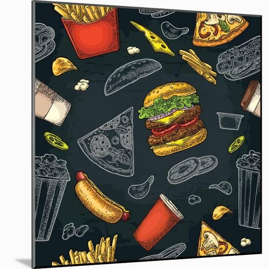 Seamless Pattern Fast Food. Cup Cola, Coffee, Chips, Hamburger, Pizza, Hotdog, Fry Potato Paper Box-MoreVector-Mounted Art Print