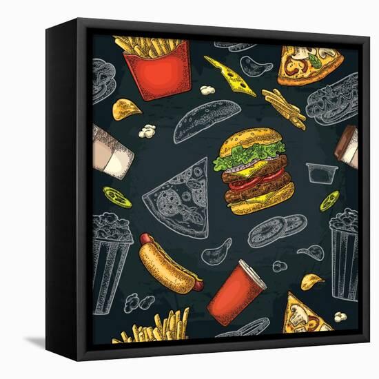 Seamless Pattern Fast Food. Cup Cola, Coffee, Chips, Hamburger, Pizza, Hotdog, Fry Potato Paper Box-MoreVector-Framed Stretched Canvas