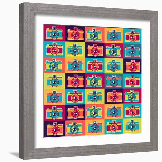 Seamless Pattern In Retro Style With Cameras-incomible-Framed Art Print