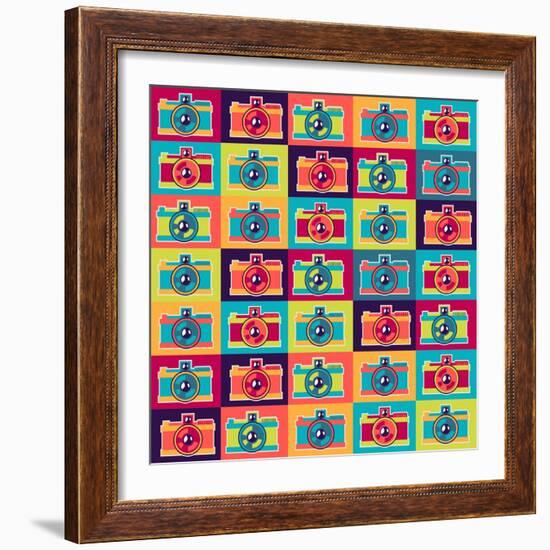 Seamless Pattern In Retro Style With Cameras-incomible-Framed Art Print