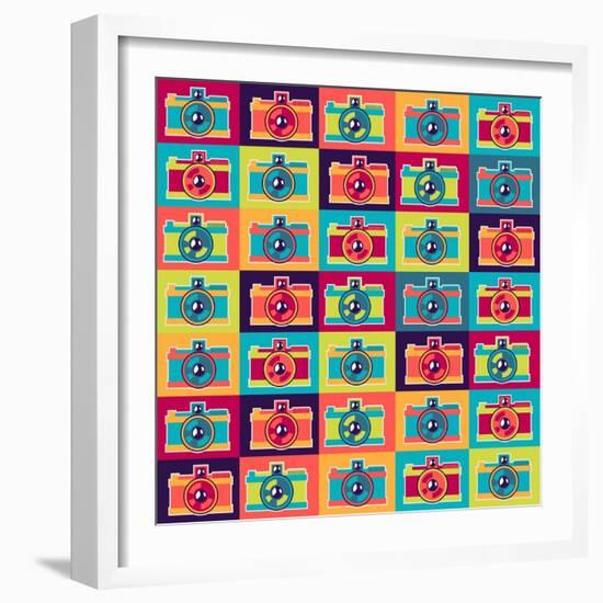 Seamless Pattern In Retro Style With Cameras-incomible-Framed Art Print