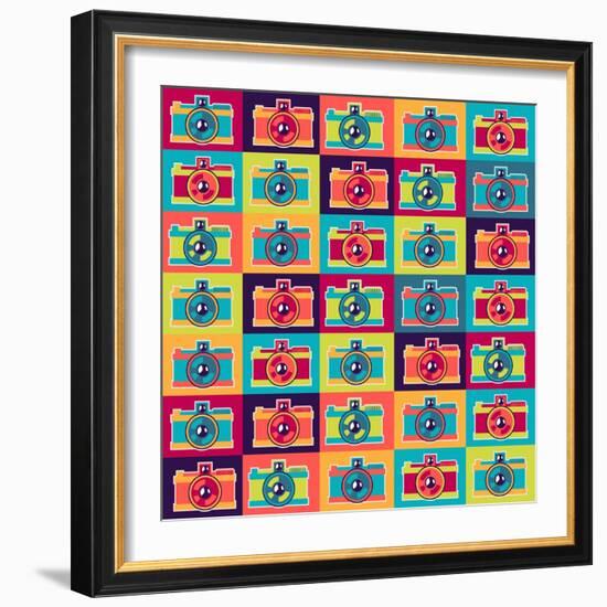 Seamless Pattern In Retro Style With Cameras-incomible-Framed Art Print