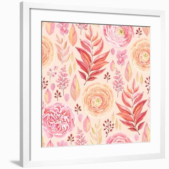 Seamless Pattern of English Rose, Ranunculus, Colorful Branches and Leaves Pink, Red, Yellow and Or-Nikiparonak-Framed Art Print
