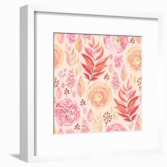 Seamless Pattern of English Rose, Ranunculus, Colorful Branches and Leaves Pink, Red, Yellow and Or-Nikiparonak-Framed Art Print