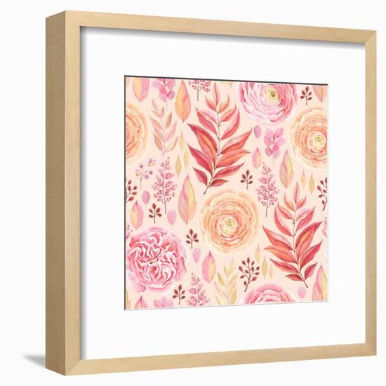 Seamless Pattern of English Rose, Ranunculus, Colorful Branches and Leaves Pink, Red, Yellow and Or-Nikiparonak-Framed Art Print