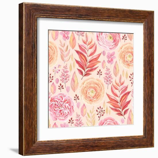 Seamless Pattern of English Rose, Ranunculus, Colorful Branches and Leaves Pink, Red, Yellow and Or-Nikiparonak-Framed Art Print