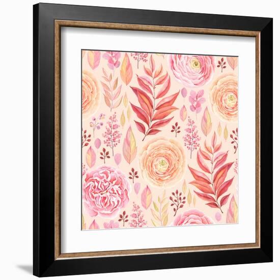 Seamless Pattern of English Rose, Ranunculus, Colorful Branches and Leaves Pink, Red, Yellow and Or-Nikiparonak-Framed Art Print