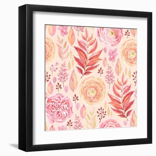 Seamless Pattern of English Rose, Ranunculus, Colorful Branches and Leaves Pink, Red, Yellow and Or-Nikiparonak-Framed Art Print