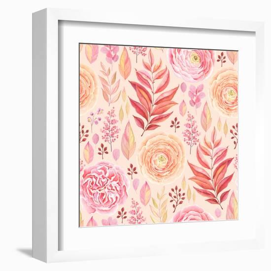 Seamless Pattern of English Rose, Ranunculus, Colorful Branches and Leaves Pink, Red, Yellow and Or-Nikiparonak-Framed Art Print