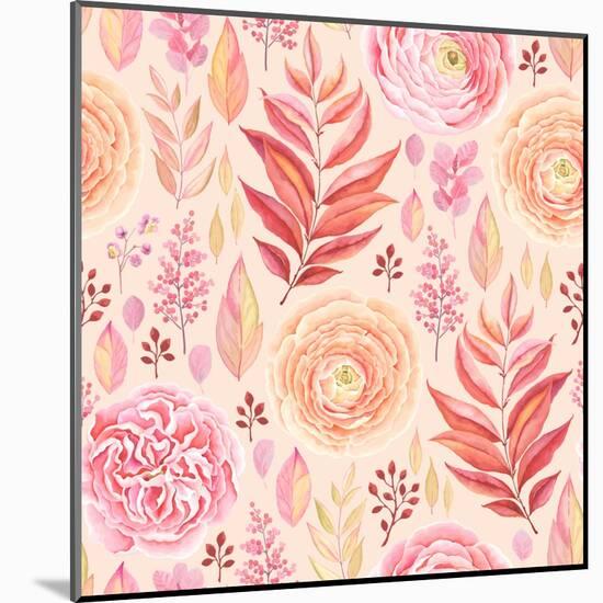Seamless Pattern of English Rose, Ranunculus, Colorful Branches and Leaves Pink, Red, Yellow and Or-Nikiparonak-Mounted Art Print