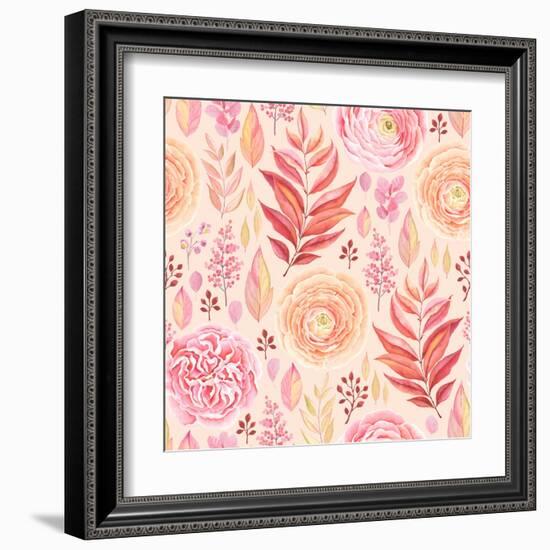 Seamless Pattern of English Rose, Ranunculus, Colorful Branches and Leaves Pink, Red, Yellow and Or-Nikiparonak-Framed Art Print