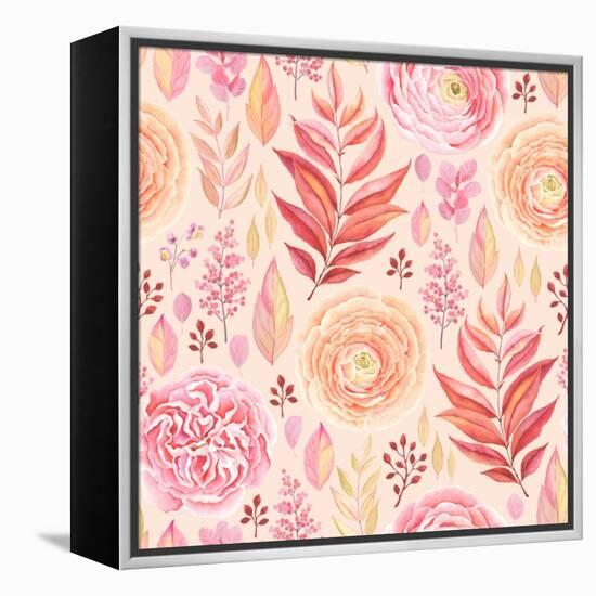 Seamless Pattern of English Rose, Ranunculus, Colorful Branches and Leaves Pink, Red, Yellow and Or-Nikiparonak-Framed Stretched Canvas