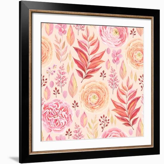 Seamless Pattern of English Rose, Ranunculus, Colorful Branches and Leaves Pink, Red, Yellow and Or-Nikiparonak-Framed Premium Giclee Print