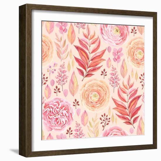 Seamless Pattern of English Rose, Ranunculus, Colorful Branches and Leaves Pink, Red, Yellow and Or-Nikiparonak-Framed Art Print