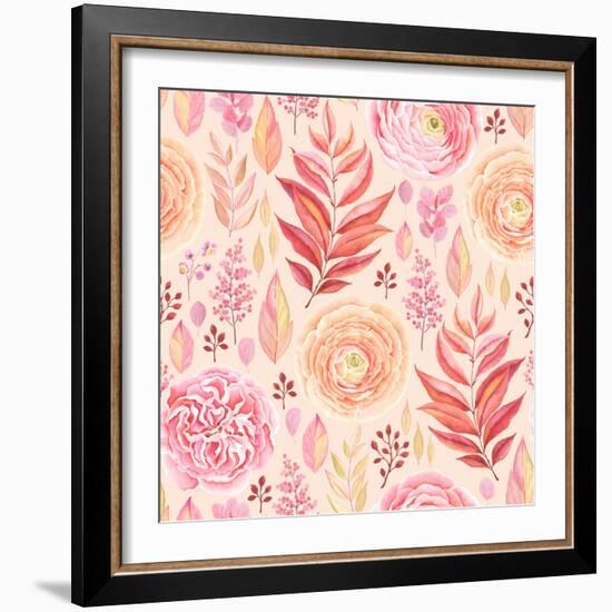 Seamless Pattern of English Rose, Ranunculus, Colorful Branches and Leaves Pink, Red, Yellow and Or-Nikiparonak-Framed Art Print