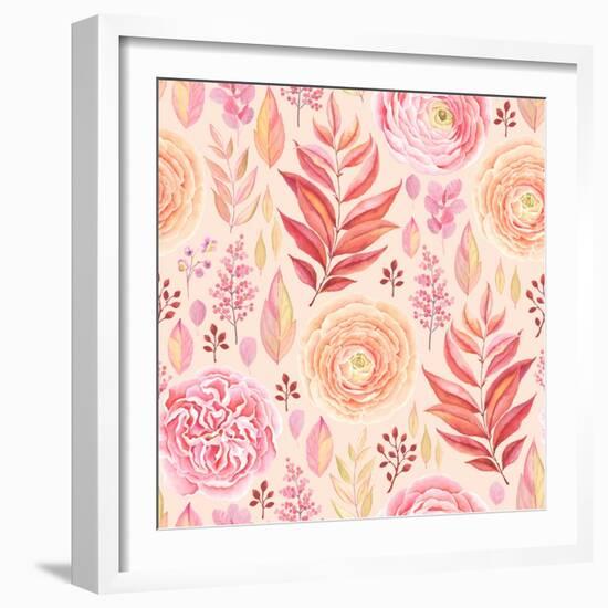 Seamless Pattern of English Rose, Ranunculus, Colorful Branches and Leaves Pink, Red, Yellow and Or-Nikiparonak-Framed Art Print