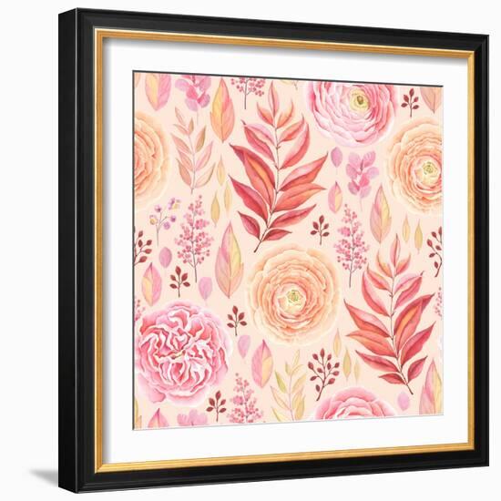 Seamless Pattern of English Rose, Ranunculus, Colorful Branches and Leaves Pink, Red, Yellow and Or-Nikiparonak-Framed Art Print