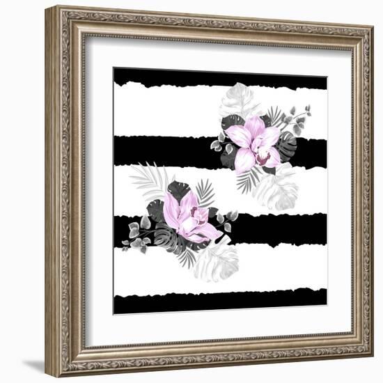 Seamless Pattern of Leaves Monstera and Blooming Orchids on the Striped Background-artant-Framed Art Print