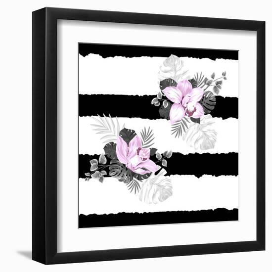 Seamless Pattern of Leaves Monstera and Blooming Orchids on the Striped Background-artant-Framed Art Print