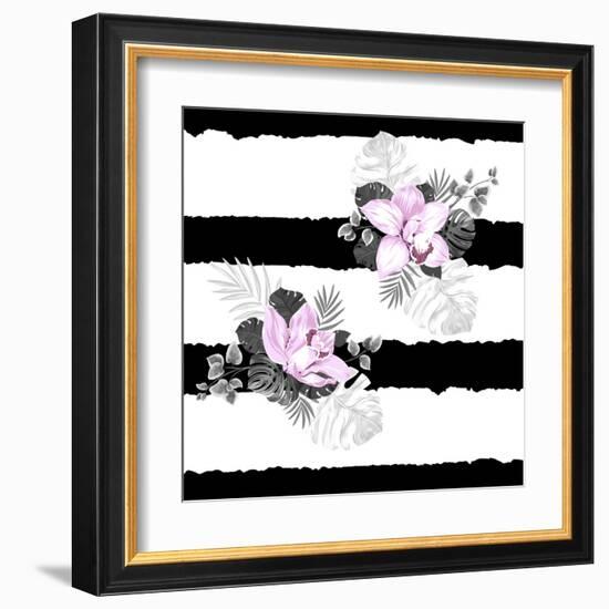 Seamless Pattern of Leaves Monstera and Blooming Orchids on the Striped Background-artant-Framed Art Print