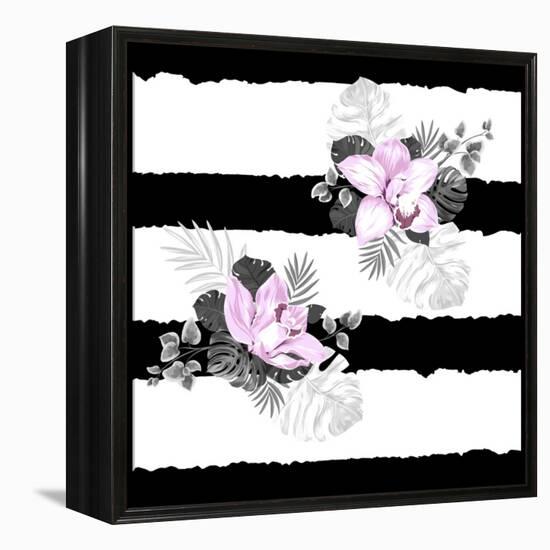 Seamless Pattern of Leaves Monstera and Blooming Orchids on the Striped Background-artant-Framed Stretched Canvas