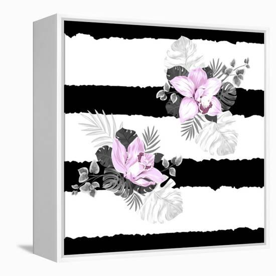 Seamless Pattern of Leaves Monstera and Blooming Orchids on the Striped Background-artant-Framed Stretched Canvas