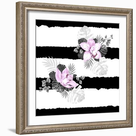 Seamless Pattern of Leaves Monstera and Blooming Orchids on the Striped Background-artant-Framed Art Print