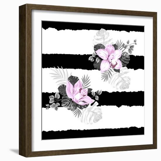 Seamless Pattern of Leaves Monstera and Blooming Orchids on the Striped Background-artant-Framed Art Print