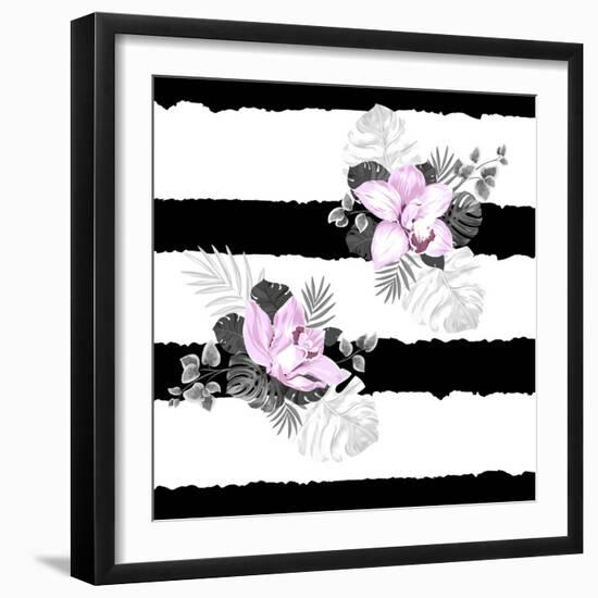 Seamless Pattern of Leaves Monstera and Blooming Orchids on the Striped Background-artant-Framed Art Print