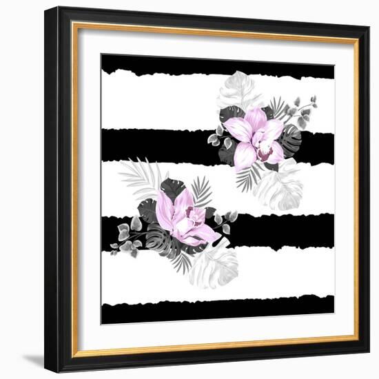 Seamless Pattern of Leaves Monstera and Blooming Orchids on the Striped Background-artant-Framed Art Print