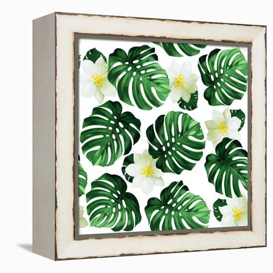 Seamless Pattern of Leaves Monstera and Exotic Flowers-artant-Framed Stretched Canvas