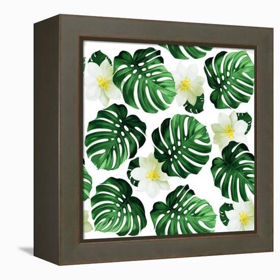 Seamless Pattern of Leaves Monstera and Exotic Flowers-artant-Framed Stretched Canvas