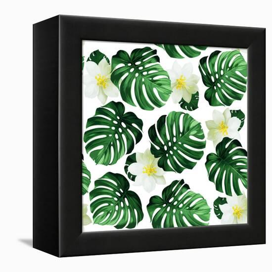 Seamless Pattern of Leaves Monstera and Exotic Flowers-artant-Framed Stretched Canvas