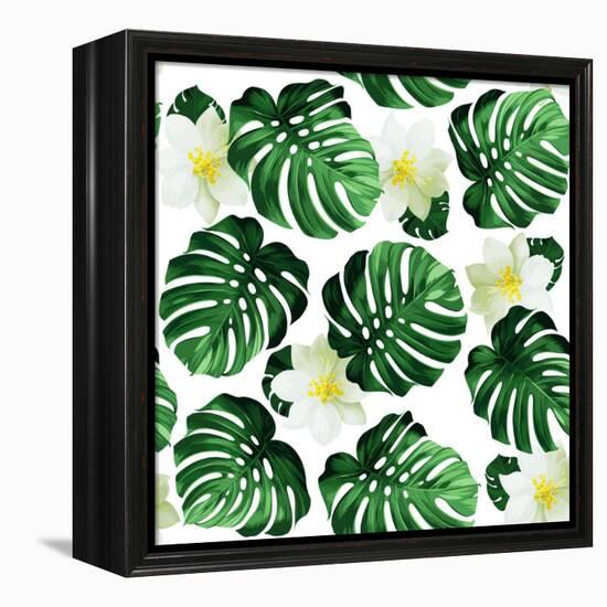 Seamless Pattern of Leaves Monstera and Exotic Flowers-artant-Framed Stretched Canvas