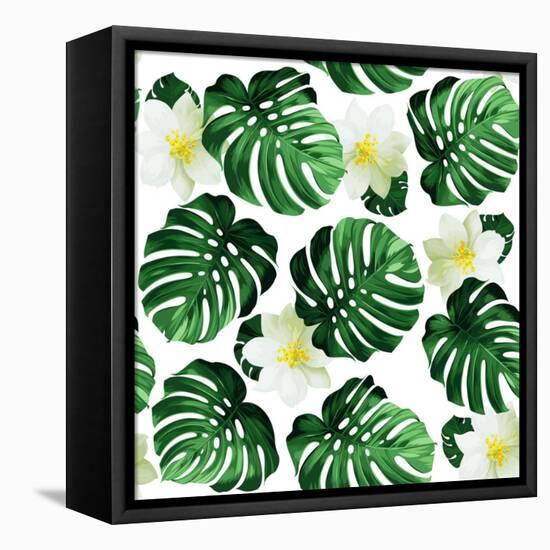 Seamless Pattern of Leaves Monstera and Exotic Flowers-artant-Framed Stretched Canvas