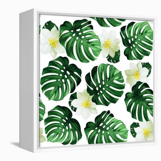 Seamless Pattern of Leaves Monstera and Exotic Flowers-artant-Framed Stretched Canvas