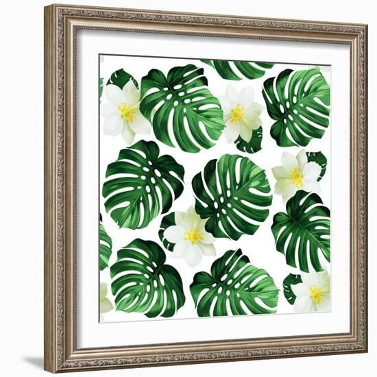 Seamless Pattern of Leaves Monstera and Exotic Flowers-artant-Framed Art Print