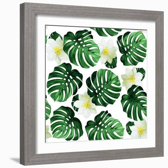 Seamless Pattern of Leaves Monstera and Exotic Flowers-artant-Framed Art Print