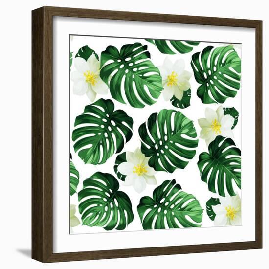 Seamless Pattern of Leaves Monstera and Exotic Flowers-artant-Framed Art Print