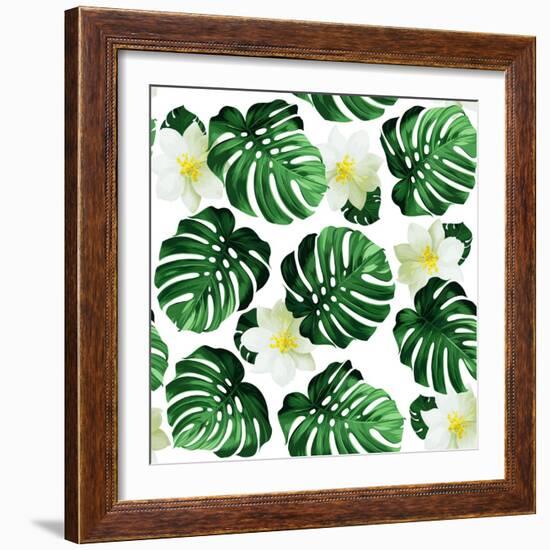 Seamless Pattern of Leaves Monstera and Exotic Flowers-artant-Framed Art Print