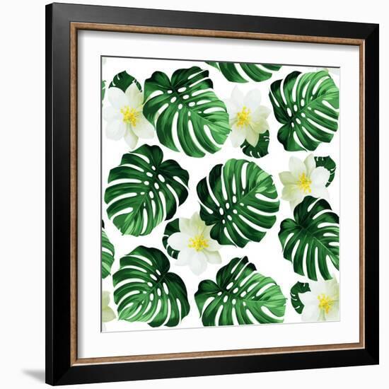 Seamless Pattern of Leaves Monstera and Exotic Flowers-artant-Framed Art Print