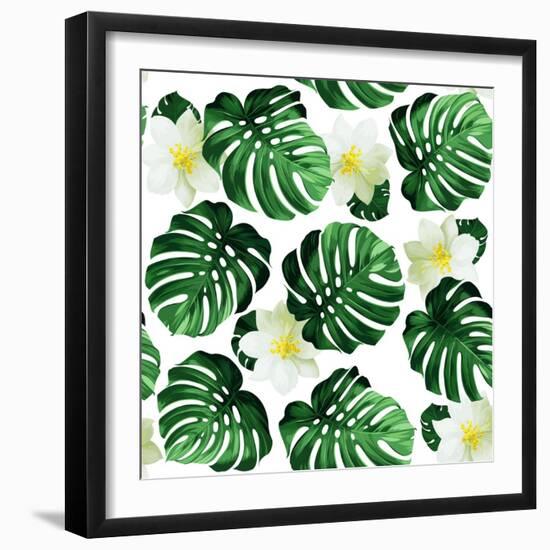 Seamless Pattern of Leaves Monstera and Exotic Flowers-artant-Framed Art Print