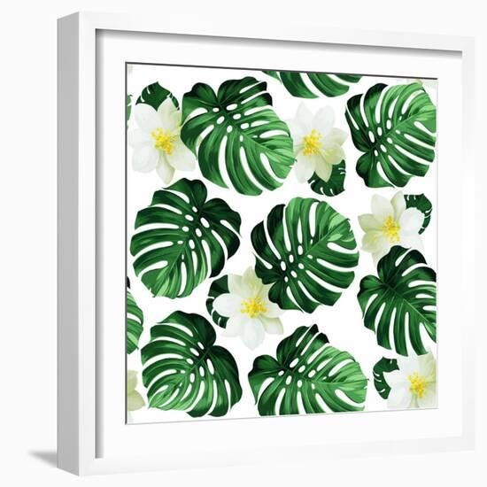 Seamless Pattern of Leaves Monstera and Exotic Flowers-artant-Framed Art Print