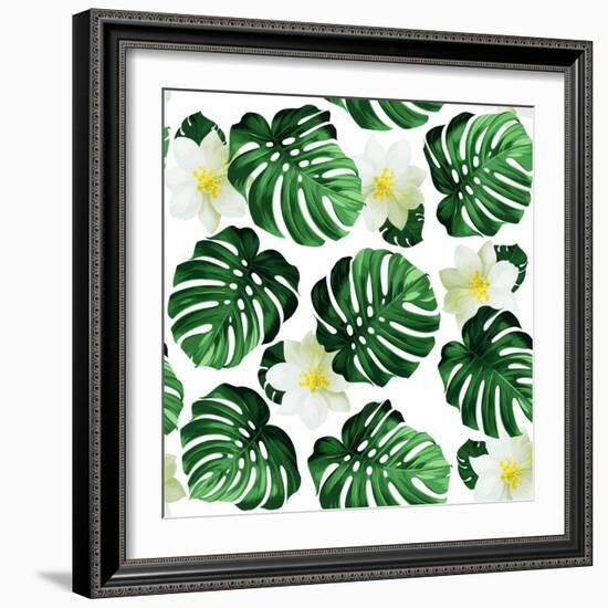 Seamless Pattern of Leaves Monstera and Exotic Flowers-artant-Framed Art Print