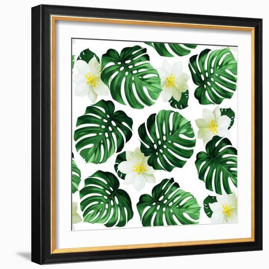 Seamless Pattern of Leaves Monstera and Exotic Flowers-artant-Framed Art Print