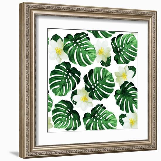 Seamless Pattern of Leaves Monstera and Exotic Flowers-artant-Framed Art Print